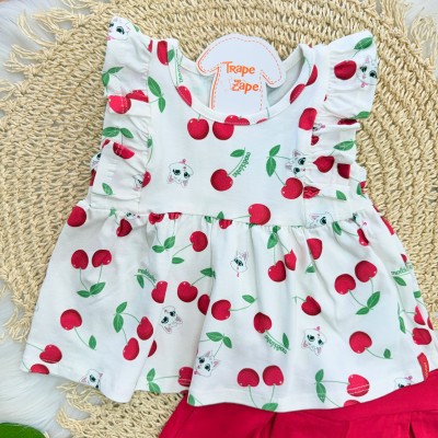 Conj. Batinha Cherries e Short - Off White e Vermelha cerejinha